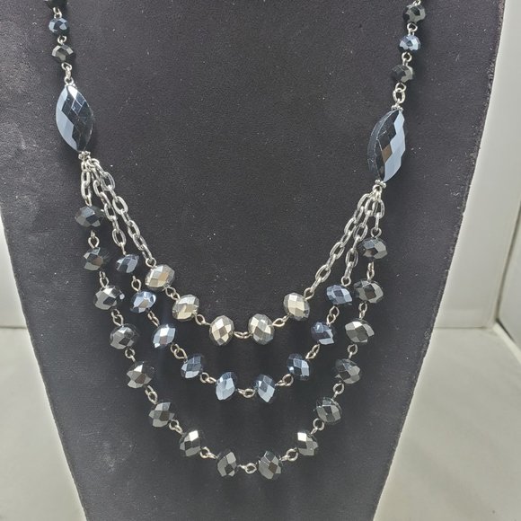 Hematite antique silver  link chain pewter/ silver beaded 3 row layered necklace - Picture 2 of 7